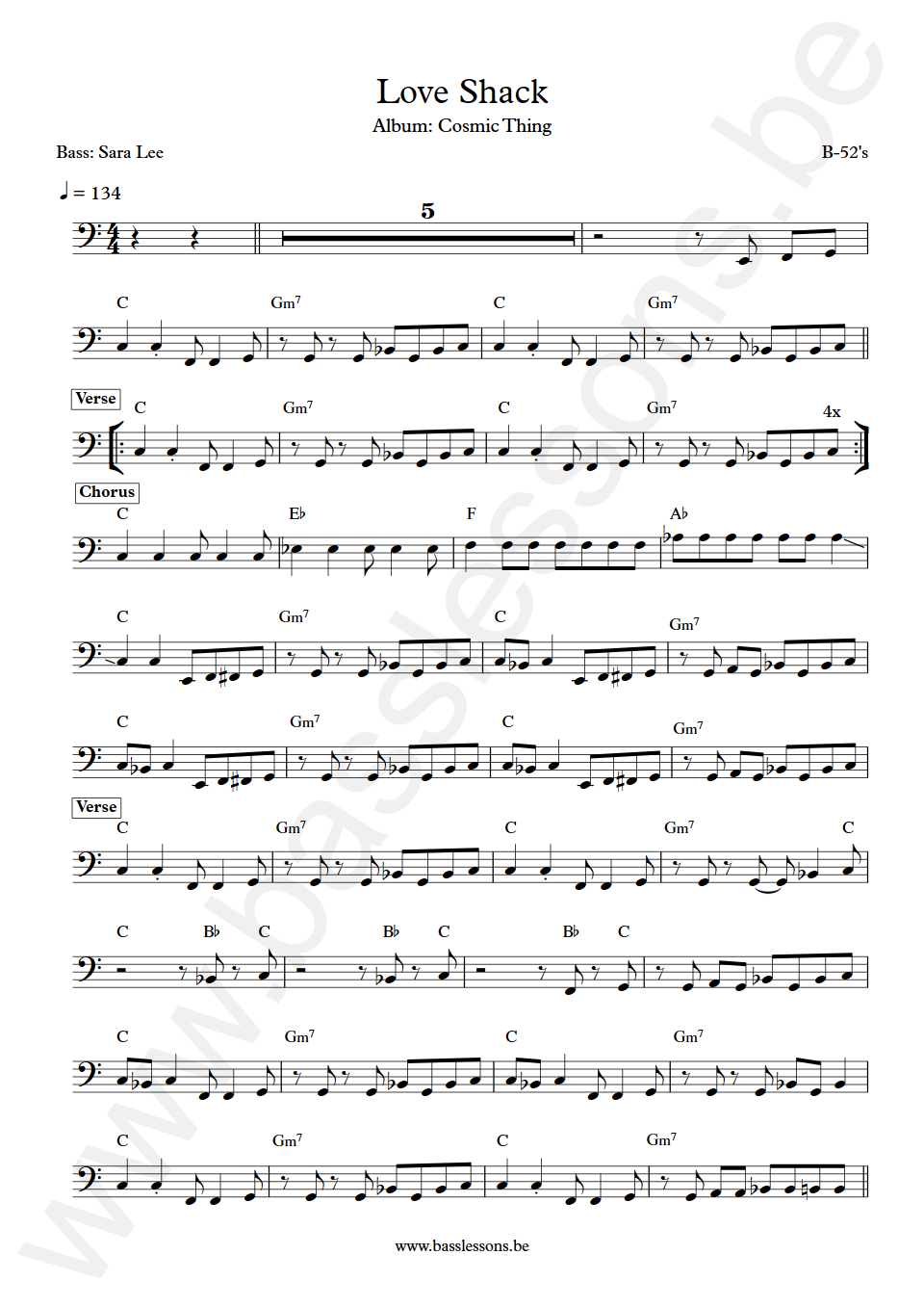 B-52's Love Shack Sara Lee Bass Transcription