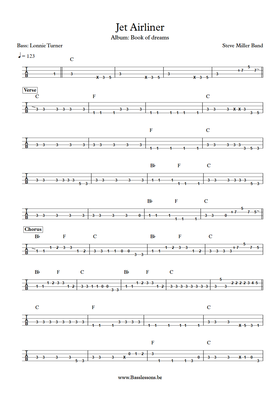 Steve Miller Band Jet Airliner Lonnie Turner Bass Tab