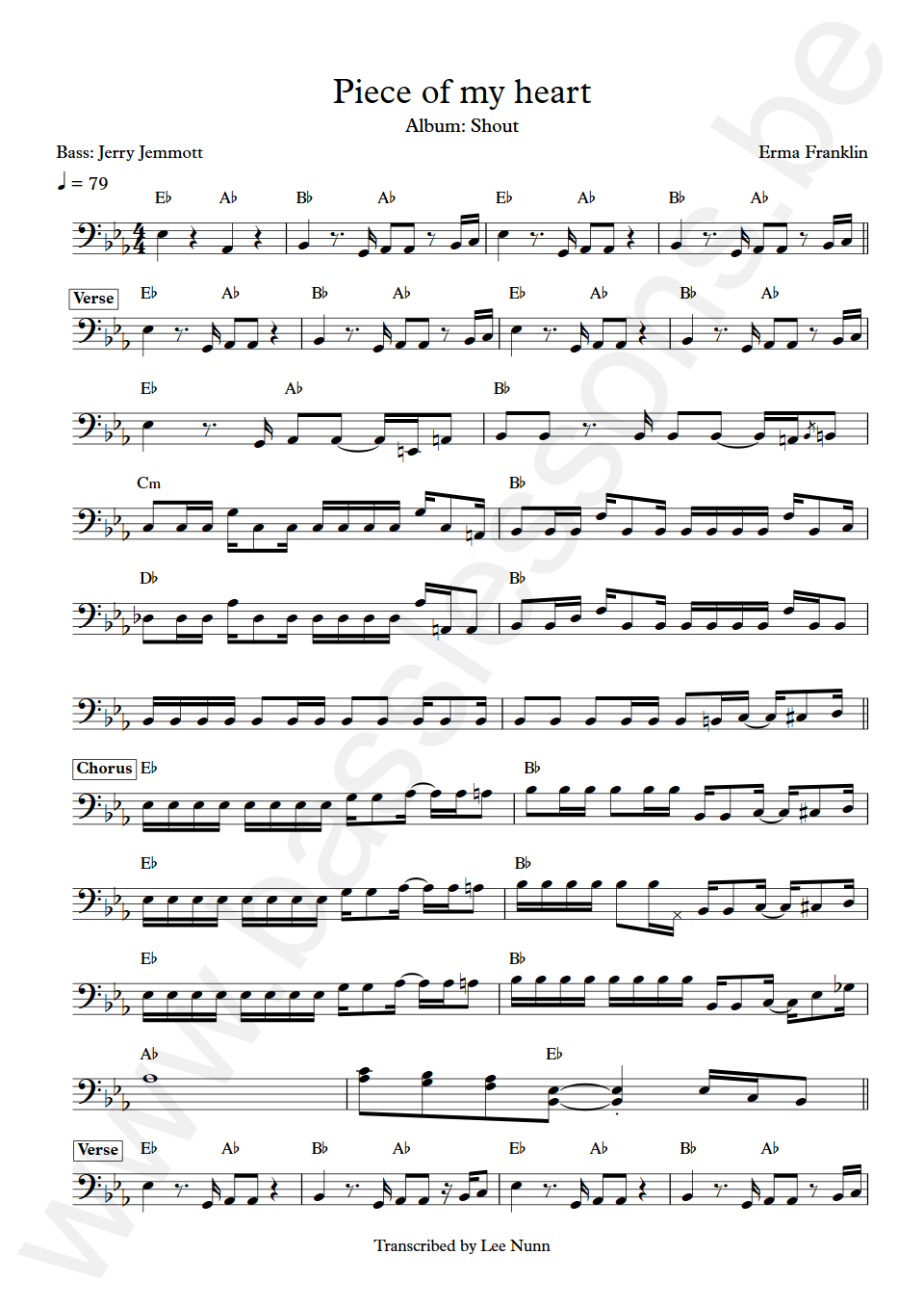 Erma Franklin Piece of my heart Jerry Jemmott Bass Transcription
