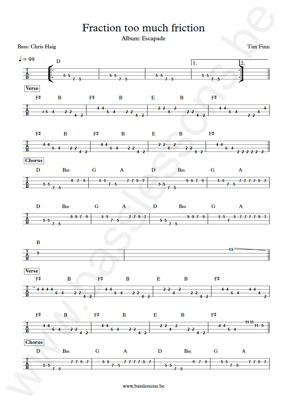Tim Finn Fraction too much friction Chris Haig Bass Tab