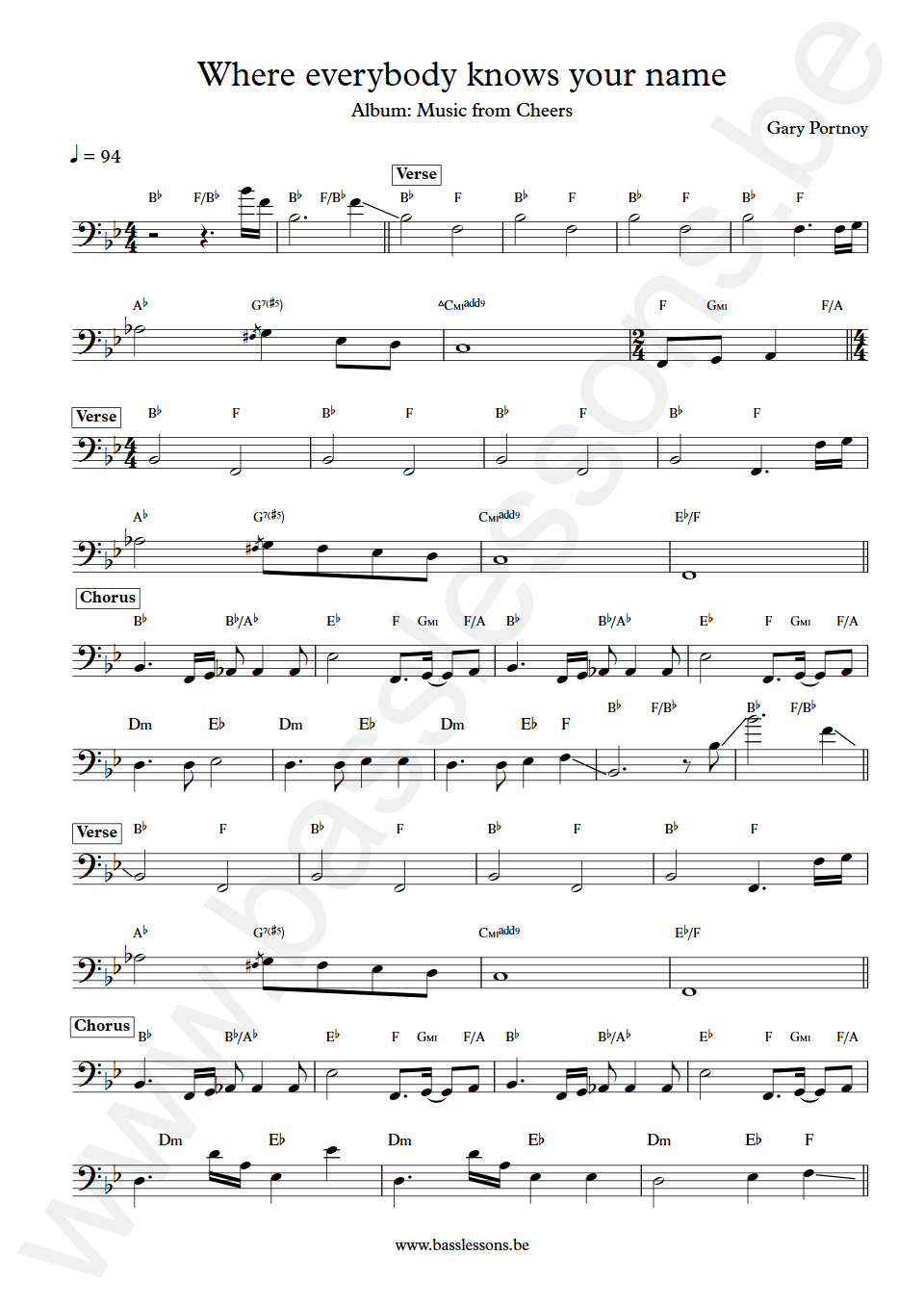 Gary Portnoy Where everybody knows your name Bass Transcription