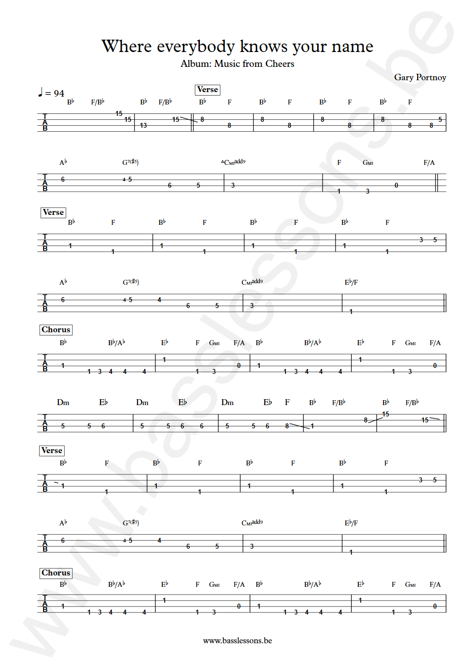 Gary Portnoy Where everybody knows your name Bass Tab