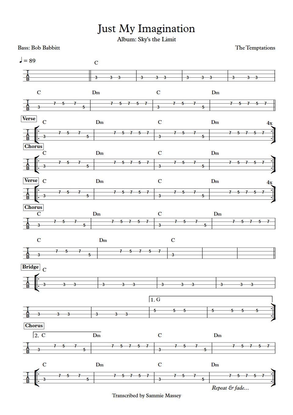 The Temptations Just My Imagination James Jamerson Bass Tab