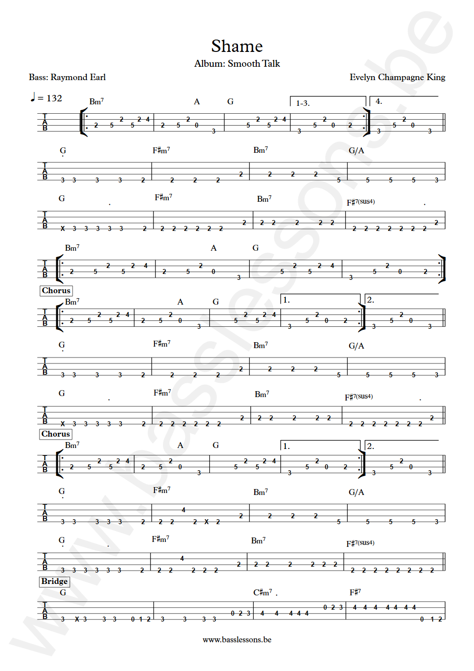 Evelyn Champagne King Shame Raymond Earl Bass Tab