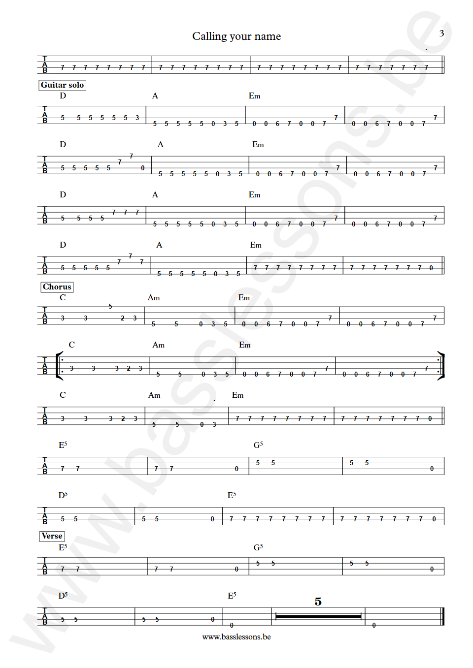 Simple Minds Calling your name Derek Forbes Bass Tab part 3