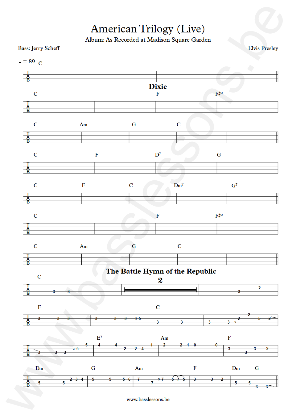 Elvis Presley American Trilogy Jerry Scheff Bass Tab