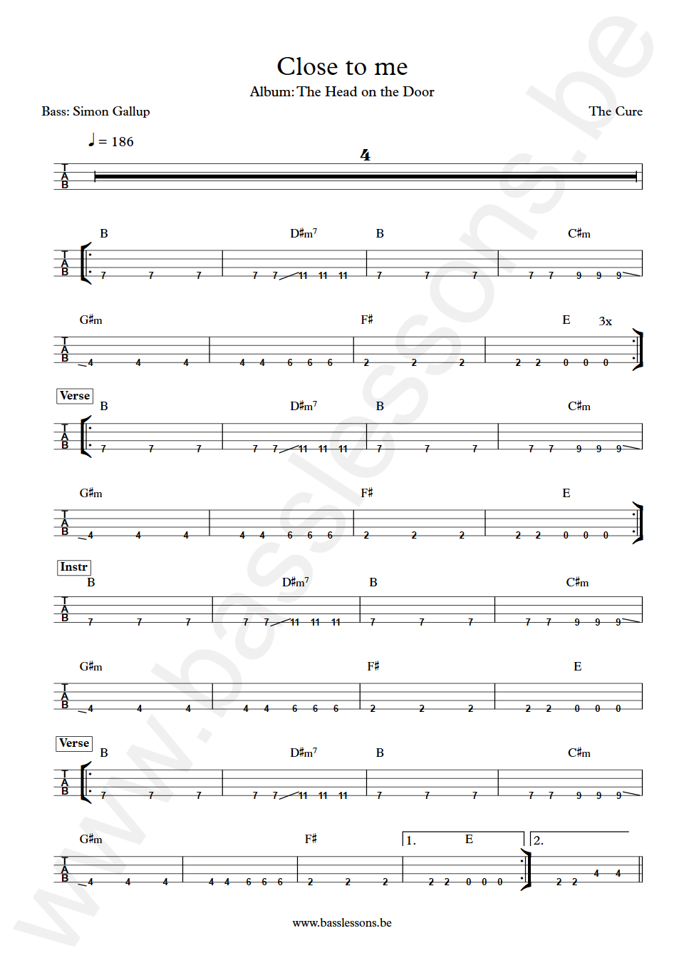 The Cure Close to me Simon Gallup  Bass Tab