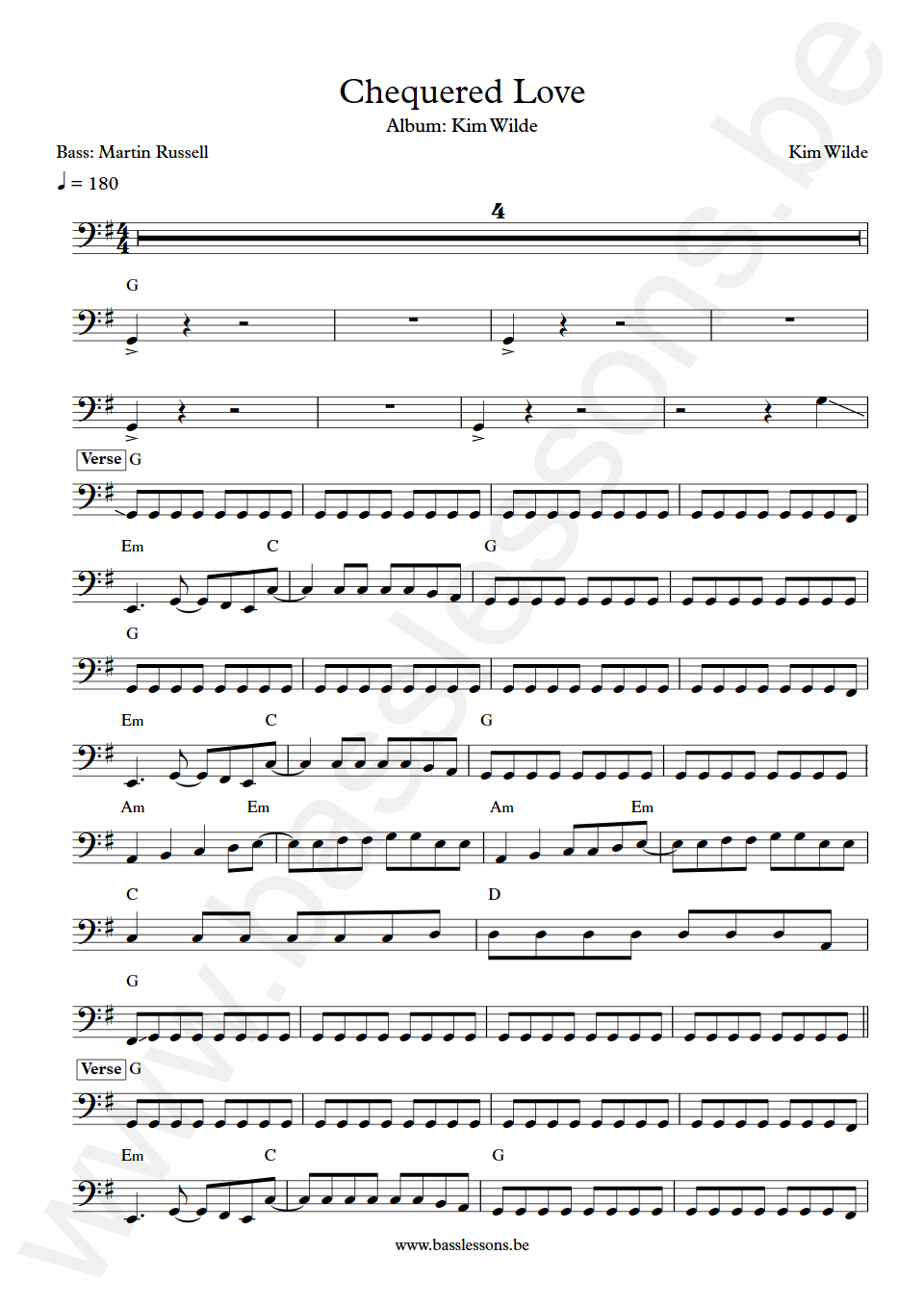 Kim Wilde Chequered Love Martin Russell  Bass Transcription