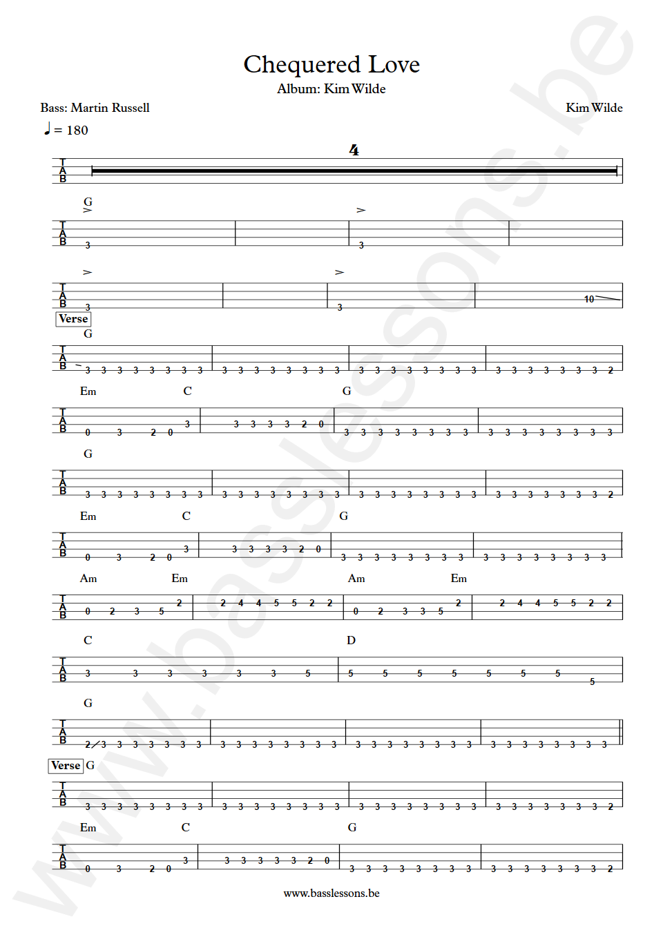 Kim Wilde Chequered Love Martin Russell  Bass Tab
