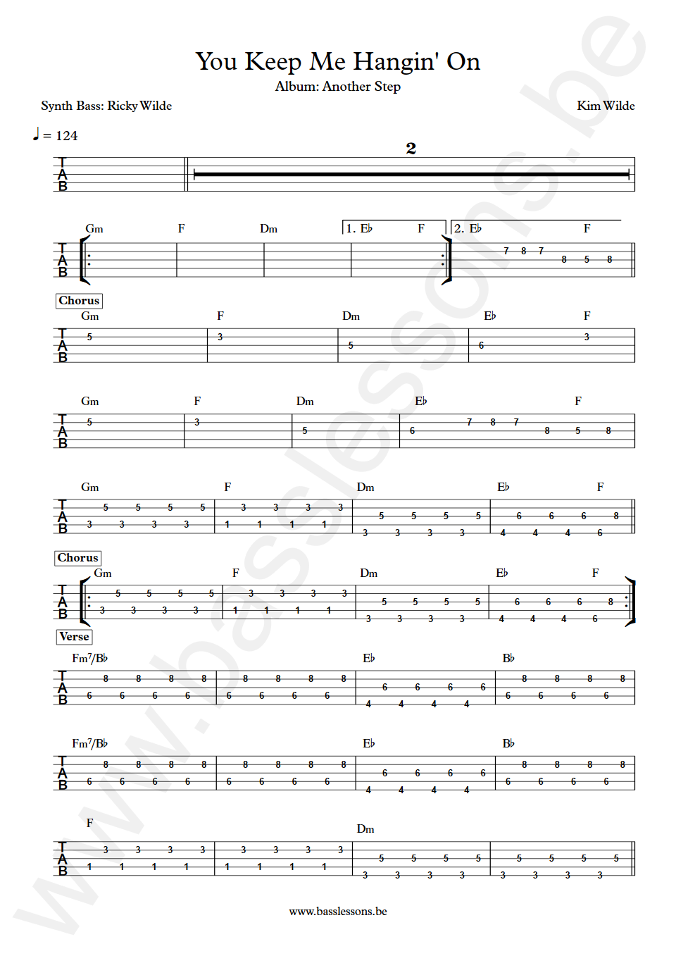 Kim Wilde You Keep Me Hangin' On Ricky Wilde Bass Tab