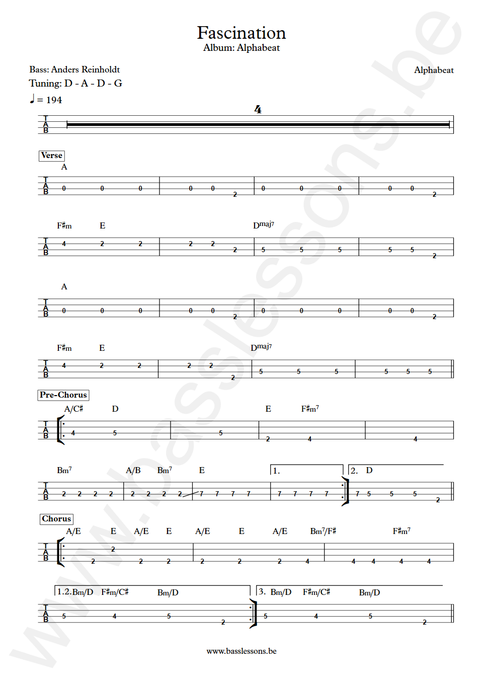 Alphabeat Fascination Anders Reinholdt Bass Tab