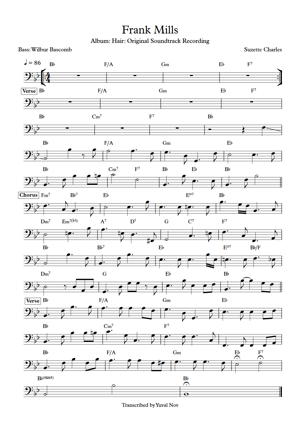 Hair musical Frank Mills Wilbur Bascomb Bass Transcription