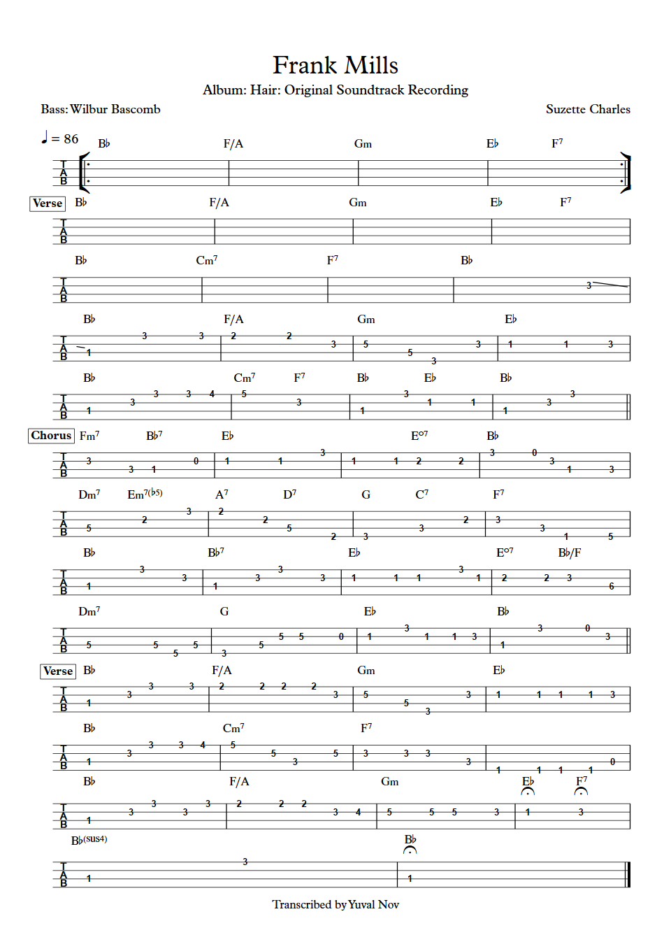 Hair musical Frank Mills Wilbur Bascomb Bass Tab