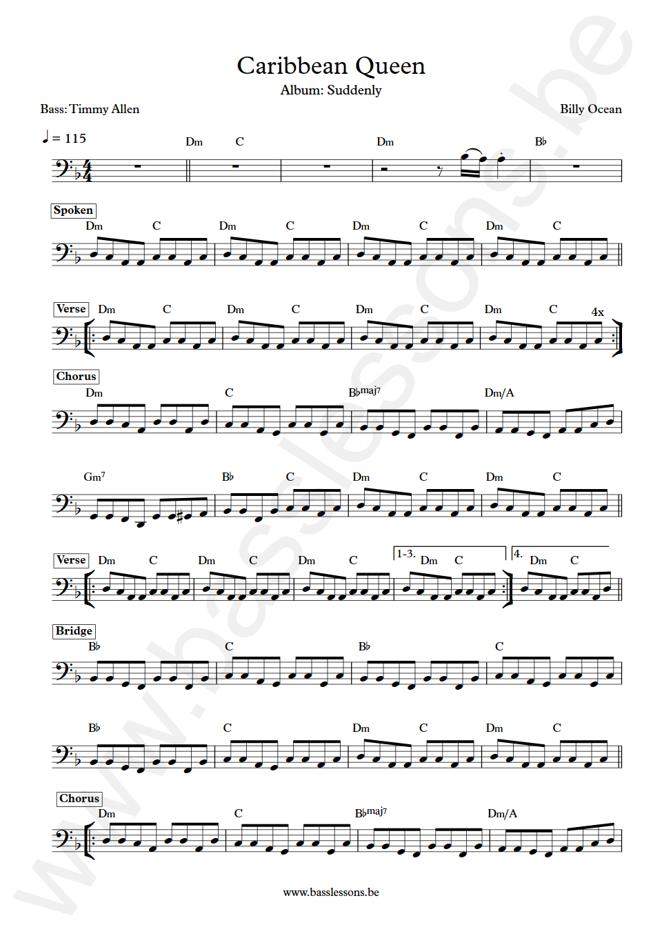 Billy Ocean Caribbean Queen Timmy Allen Bass Transcription