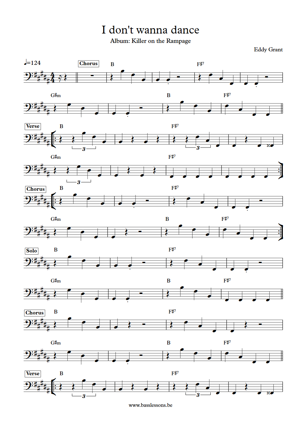 Eddy Grant I don't wanna dance Unknown Bass Transcription