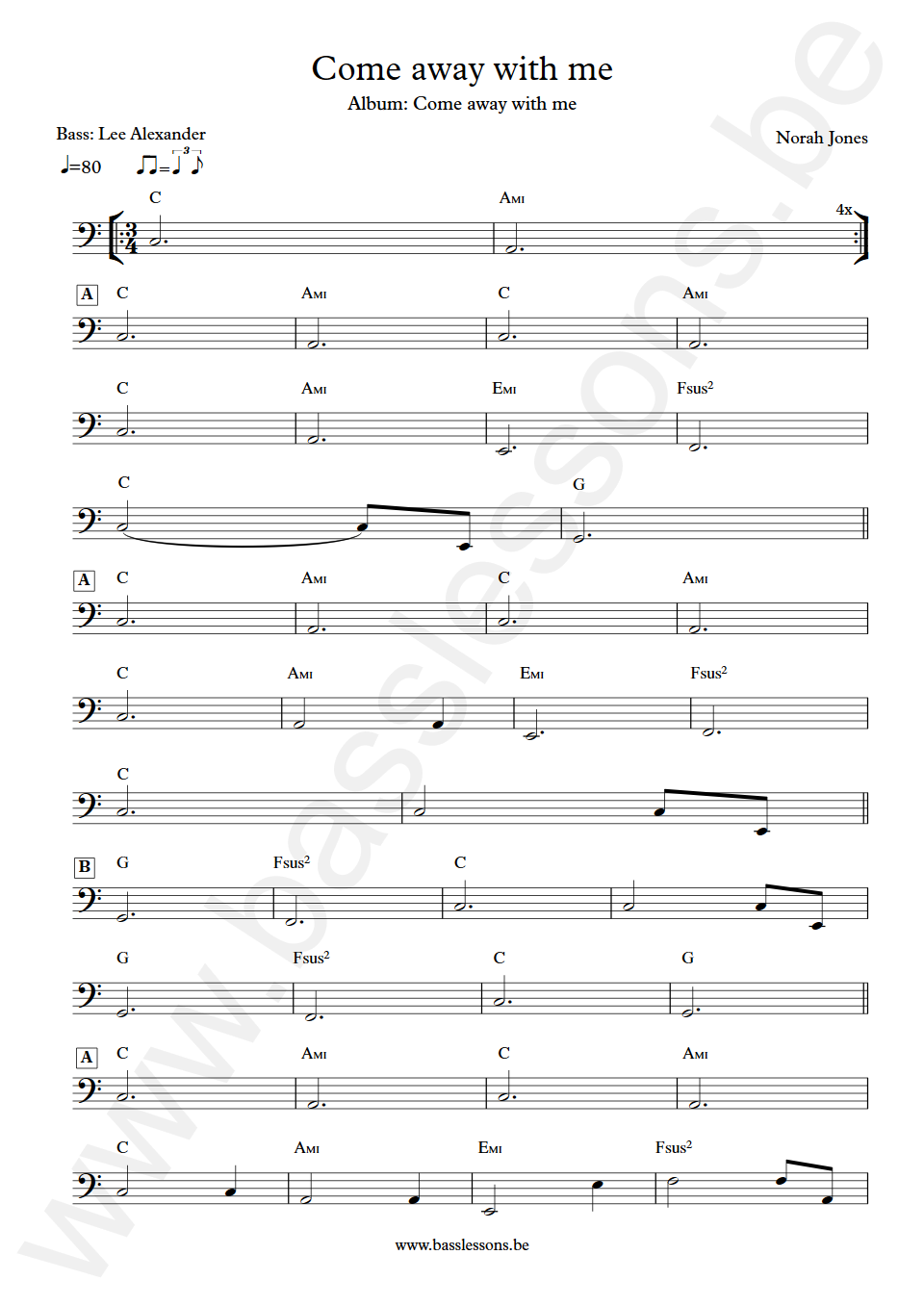 Norah Jones Come away with me Lee Alexander Bass Transcription