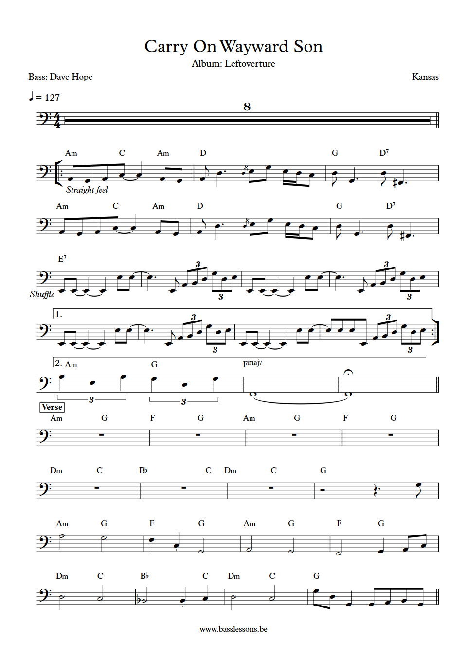 Kansas Carry On Wayward Son Dave Hope Bass Transcription