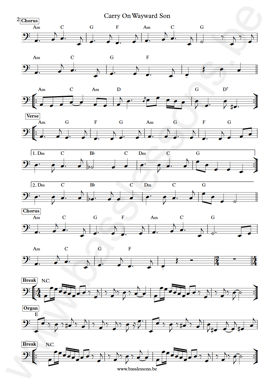 Kansas Carry On Wayward Son Dave Hope Bass Transcription part 2