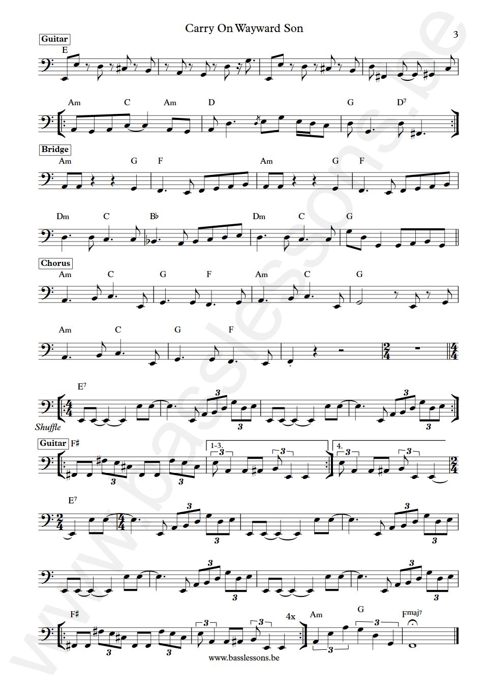 Kansas Carry On Wayward Son Dave Hope Bass Transcription part 3