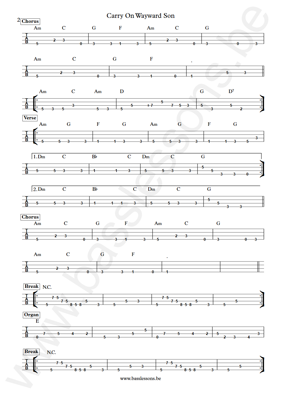 Kansas Carry On Wayward Son Dave Hope Bass Tab part 2