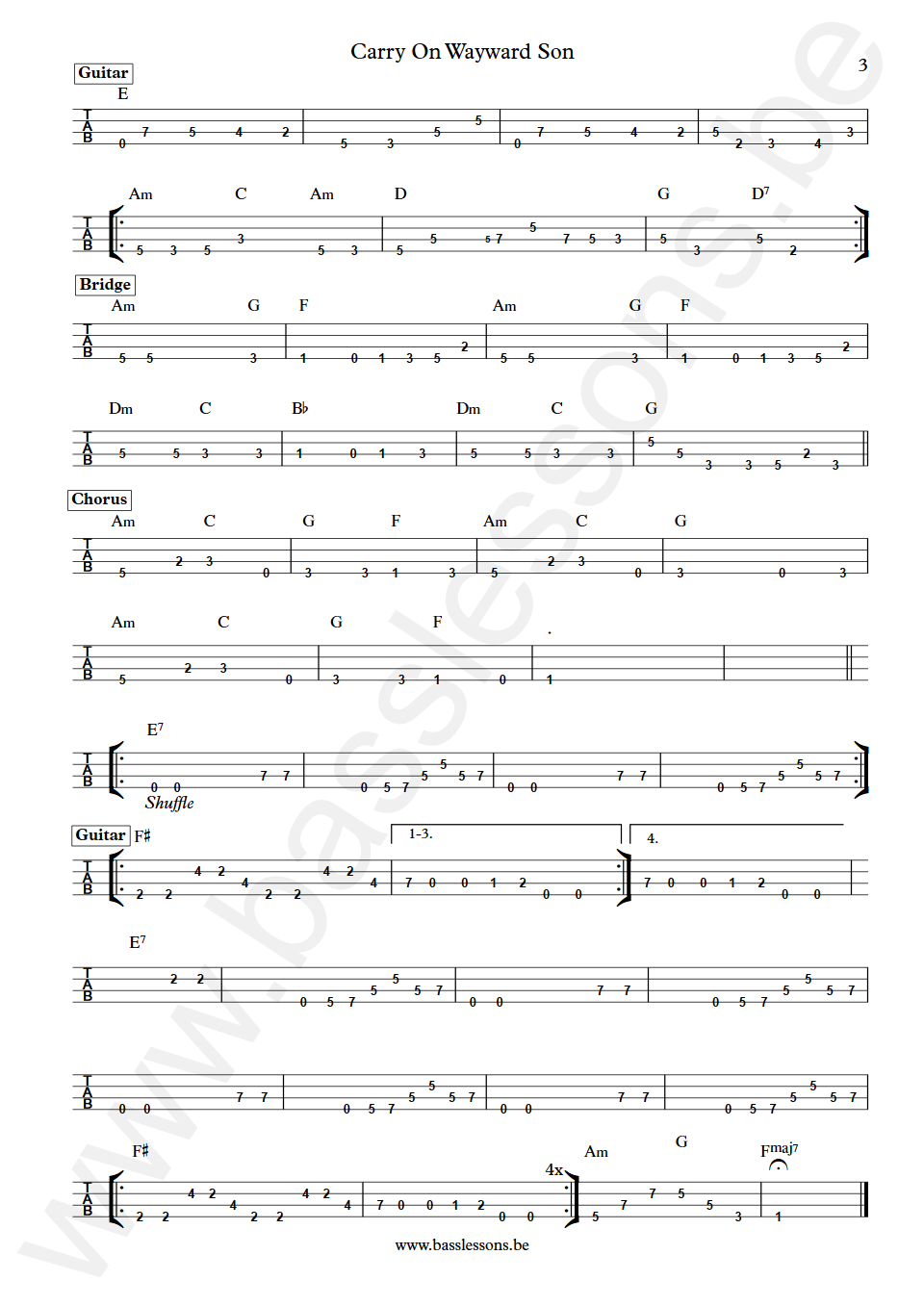 Kansas Carry On Wayward Son Dave Hope Bass Tab part 3