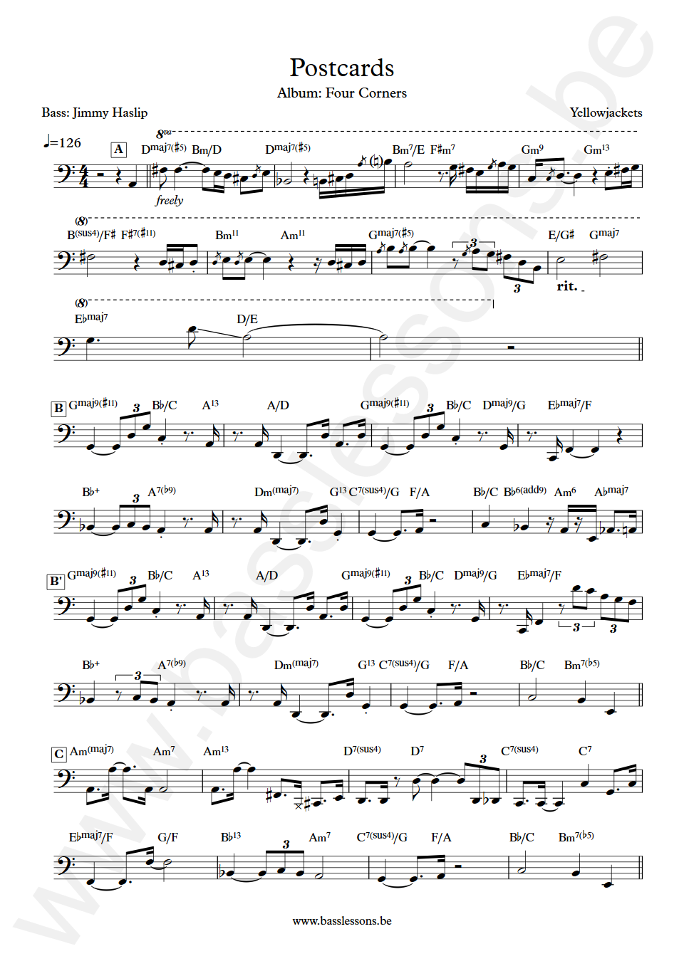 Yellowjackets Postcards Jimmy Haslip Bass Transcription