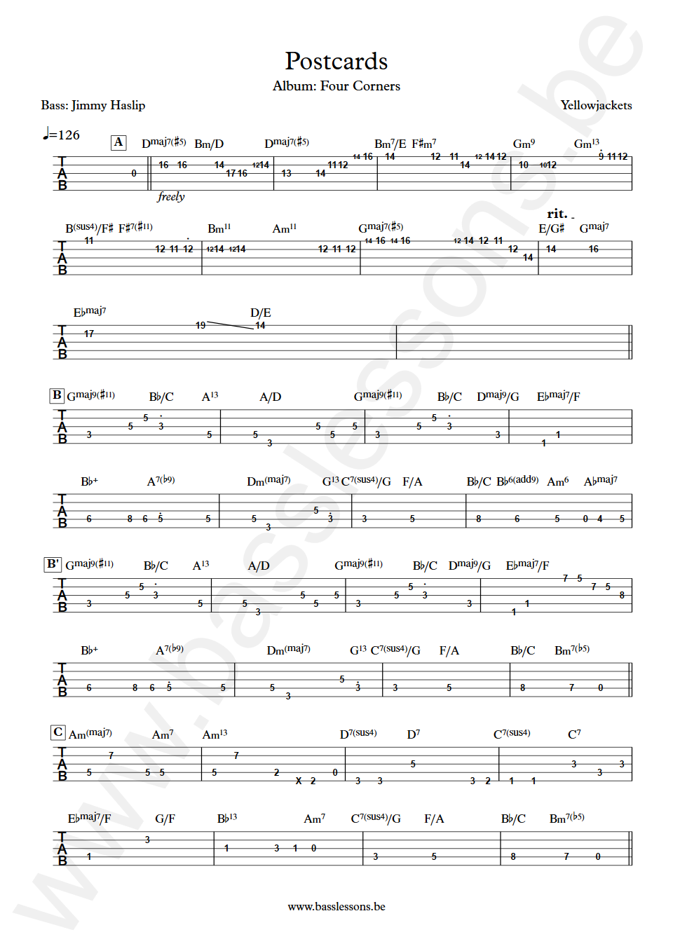 Yellowjackets Postcards Jimmy Haslip Bass Tab