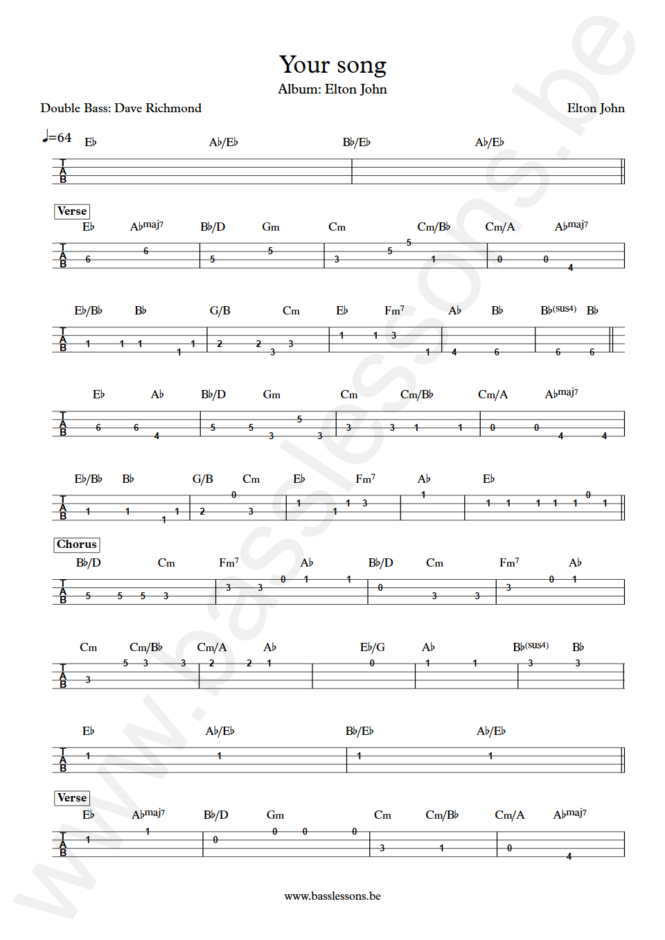 Elton John Your song Dave Richmond upright Bass Tab