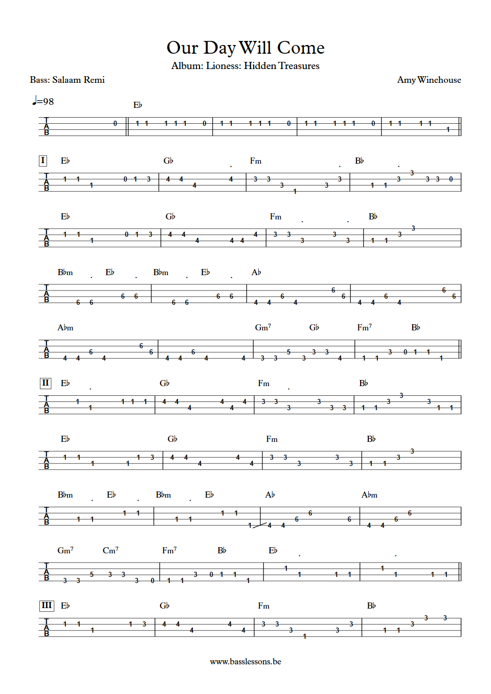 Amy Winehouse Our Day Will Come Salaam Remi Bass Tab