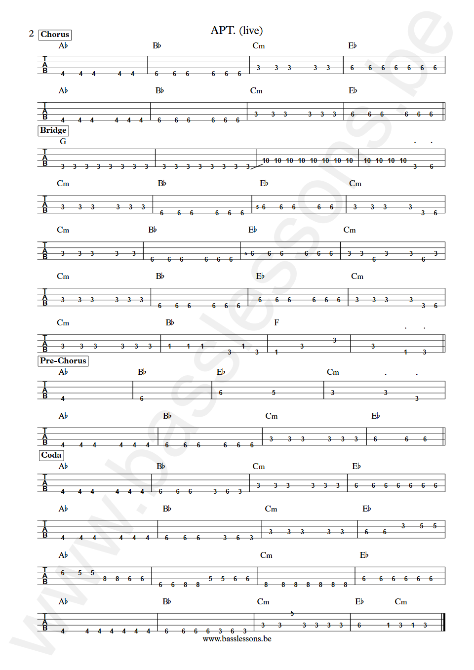 Rosé & Bruno Mars  APT. (live) Unknown Bass Tab part 2