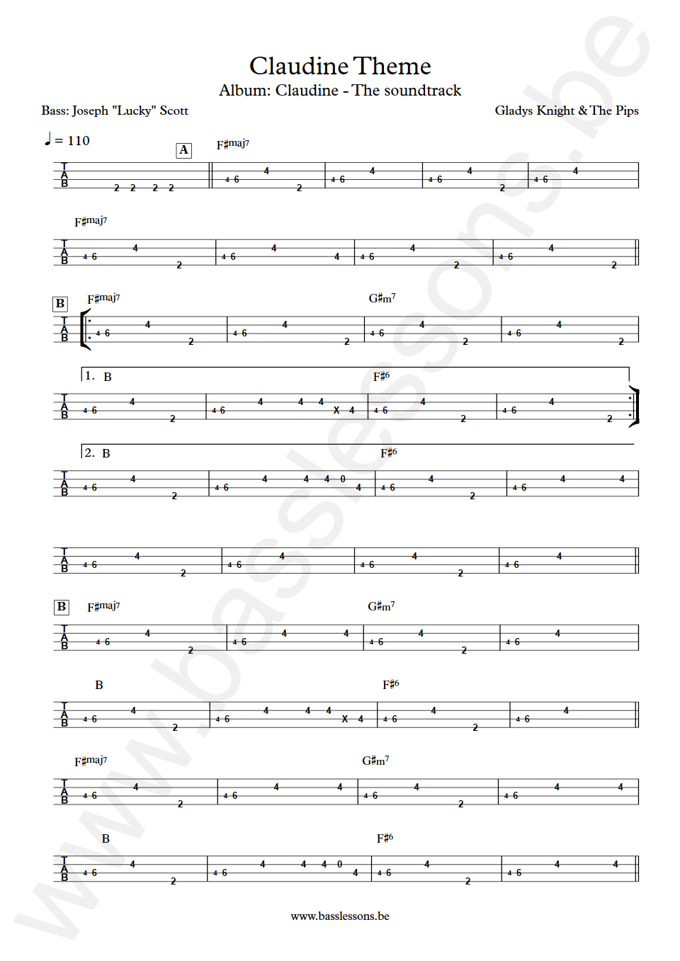 Gladys Knight and The Pips Claudine Theme Joseph Lucky Scott Bass Tab