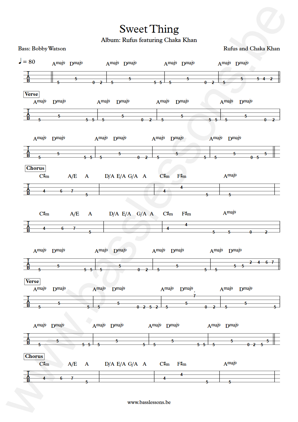 Rufus and Chaka Khan Sweet Thing Bobby Watson Bass Tab