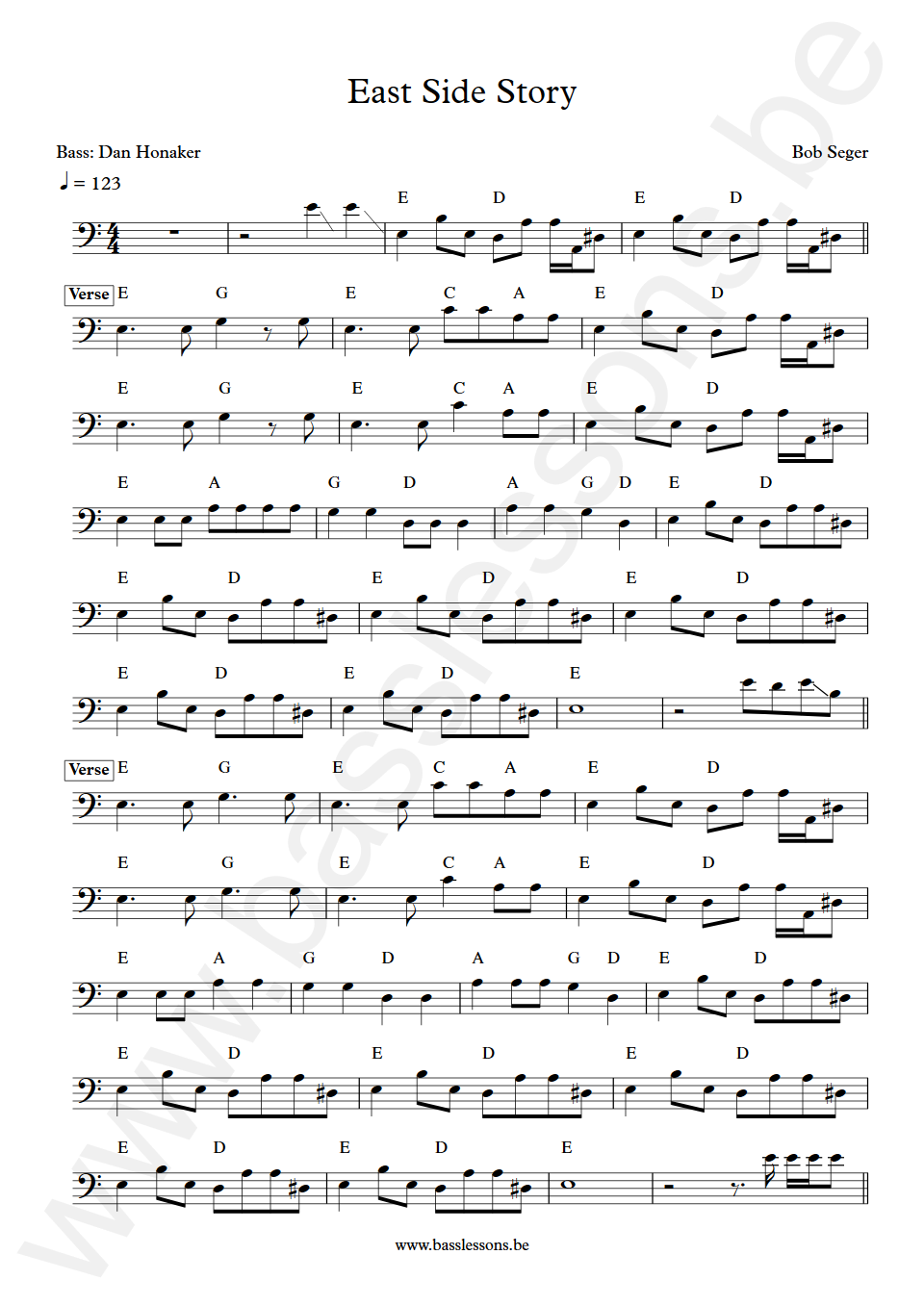 Bob Seger East Side Story Dan Honaker Bass Transcription